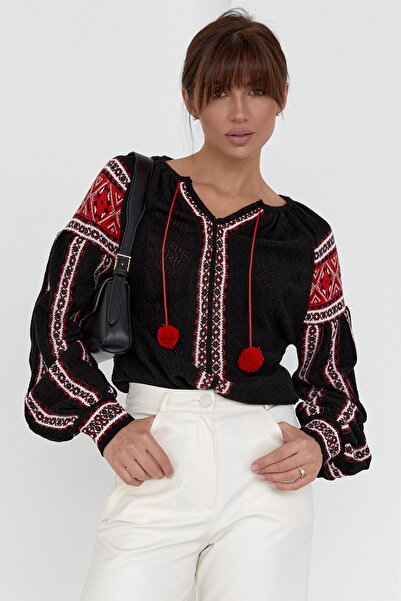 FEMELLE Γυναικεία Βαμβακερή Πλεκτή Φουντένια Μπλούζα Νέας Σεζόν με V λαιμόκοψη