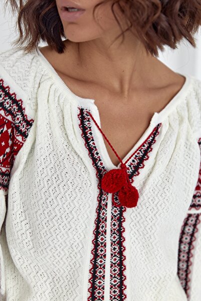 FEMELLE Γυναικεία Βαμβακερή Πλεκτή Φουντένια Μπλούζα Νέας Σεζόν με V λαιμόκοψη