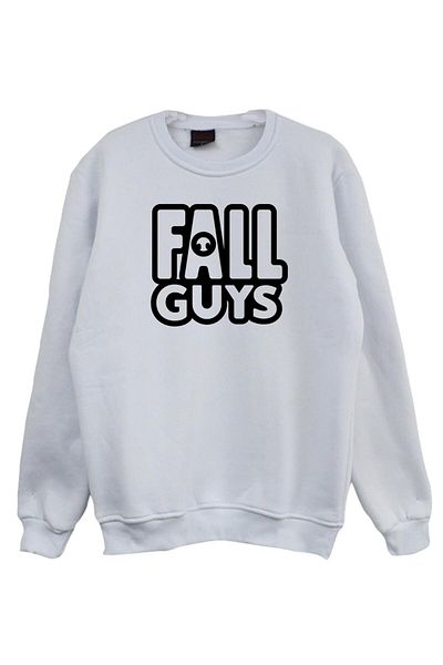 fame-stoned Unisex White Fall Guys Game Φούτερ με στάμπα με λαιμόκοψη