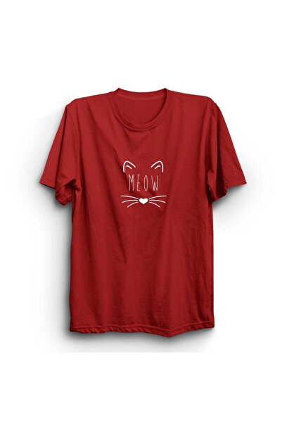fame-stoned Meow Cat Printed Unisex 100% Cotton Red T-Shirt