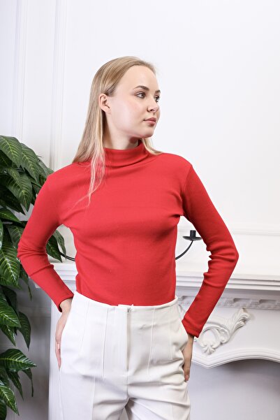CATSPY Pulover de damă roșu din bumbac Lycra cu gât roșu