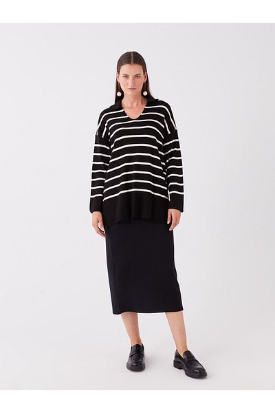 LC Waikiki Gestreifter, langärmliger, übergroßer Damen-Strickpullover mit Polokragen