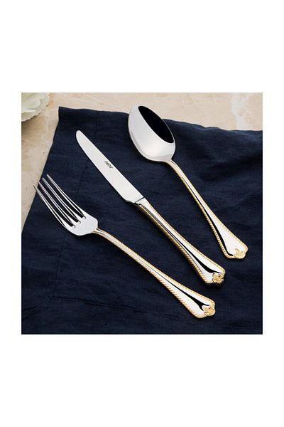 Nehir Fulya 24 Carat Plain Gold Plated 60 Piece Cutlery Set with Cardboard Box Without Knife