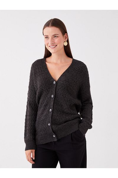 LC Waikiki Long Sleeve V-Neck Patterned Women's Knitwear Cardigan