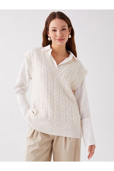 LC Waikiki V-Neck Self-Patterned Oversize Women's Knitwear Sweater