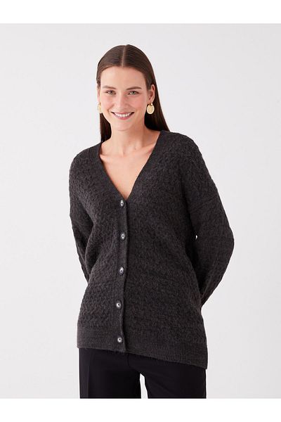 LC Waikiki Long Sleeve V-Neck Patterned Women's Knitwear Cardigan