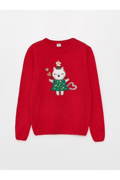LC Waikiki New Year's Themed - Long Sleeve Crew Neck Girls' Knitwear Sweater