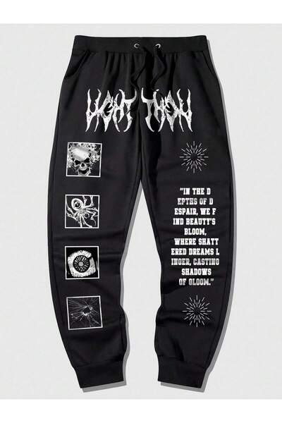 Adrift Goth Guys Slogan & Skull & Spider Graphic Drawstring Waist Eşofman Altı