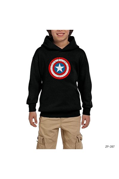 Anonim Moda Captain America Shield Black Children's Hooded Sweatshirt