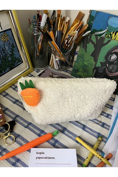 sumicorn Cute Carrot Plush Washable Zippered Gingham Lined Cloth Pen Holder Pencil Case Makeup Bag