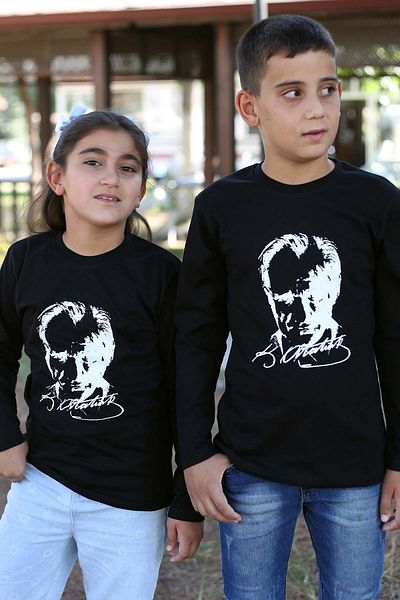 COSBA kids wear Tricou unisex pentru copii din bumbac cu mânecă lungă cu imprimeu Ataturk și steag turcesc