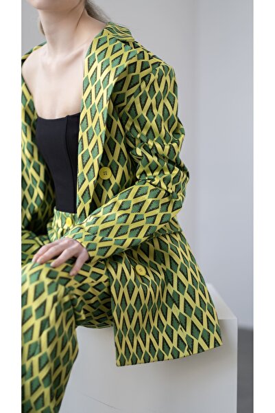 Leinas Official Eunas Jakarlı Yeşil Sarı Pantolon Ceket Takım