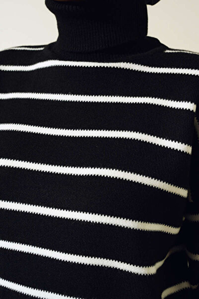 benguen 5107 Turtleneck Striped Knitwear Black