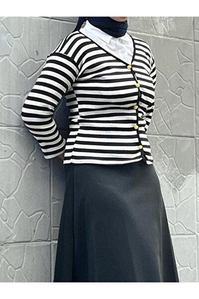 CNG MODA Çizgili V Yaka Fitilli Gold Düğme Detaylı Triko Hırka