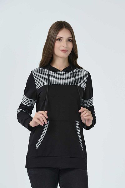 TOLGA SARAÇOĞLU Tolga Saraçoğlu Hooded Houndstooth Black Women's Sweatshirt 23KSWT10522