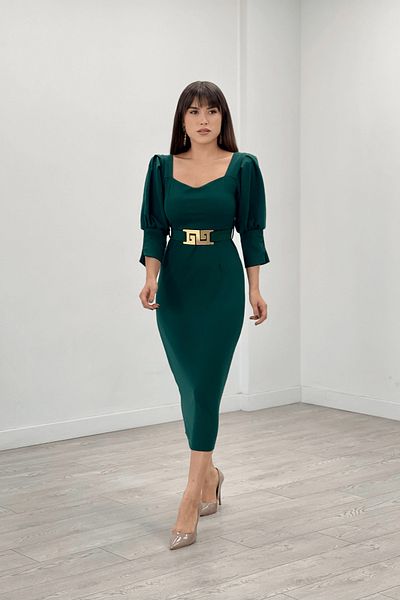 giyimmasalı Crepe Fabric Heart Collar Pencil Dress - EMERAL GREEN