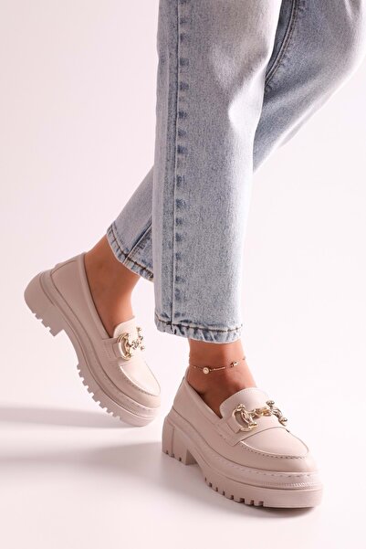 Shoeberry Women's Rex Beige Skin Thick Sole Buckle Loafer Beige Skin