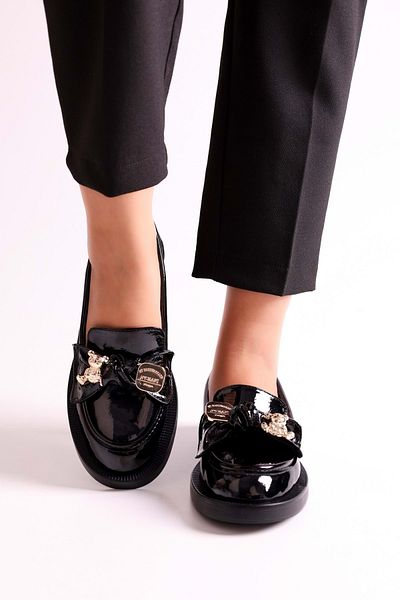 Shoeberry Maren Black Patent Leather Loafer - Teddy Bear Buckle, Wrinkled Cut