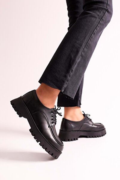 Shoeberry Women's Bowie Black Skin Lace-Up Loafer Black Skin