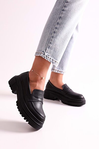 Shoeberry Women's Motto Black Skin Thick Sole Loafer Black Skin