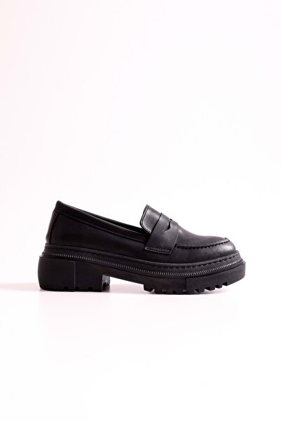 Shoeberry Women's Motto Black Skin Thick Sole Loafer Black Skin