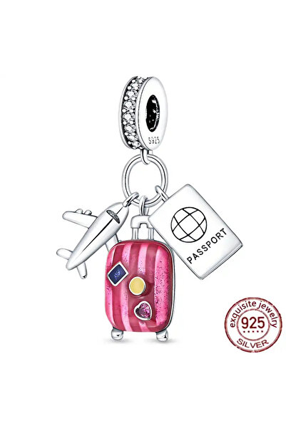 Lines Bijuteri Üçlü Seyahat Uçak,Pembe Bavul ve Pasaport Temalı Charm