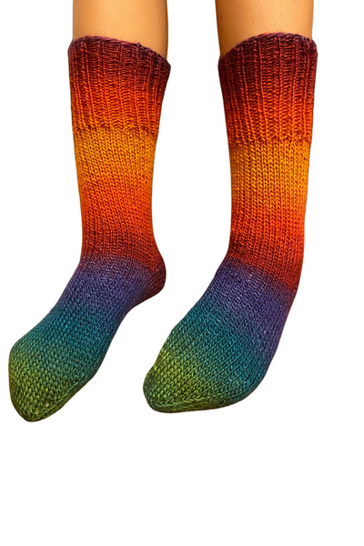 Işin Tasarım Green Mixed Color Hand Knitted Wool Socks, Number 36-40
