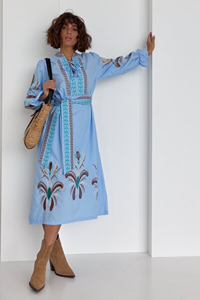 FEMELLE Rochie vintage de damă cu broderie broderie, cu centură, sezon nou