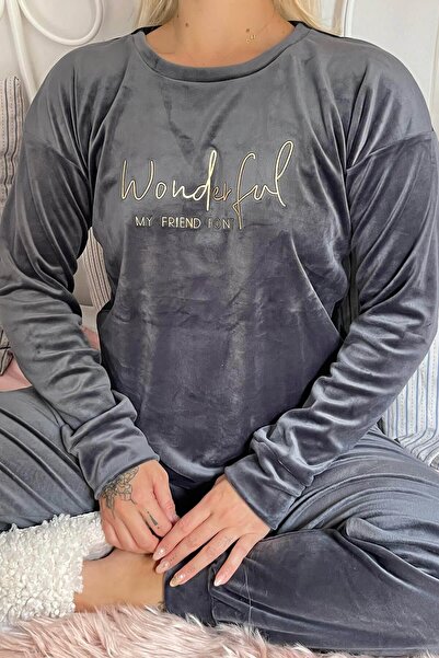 Pijamaevi Gri Wonderful Desenli Exclusive Kadife Kadın Pijama Takımı