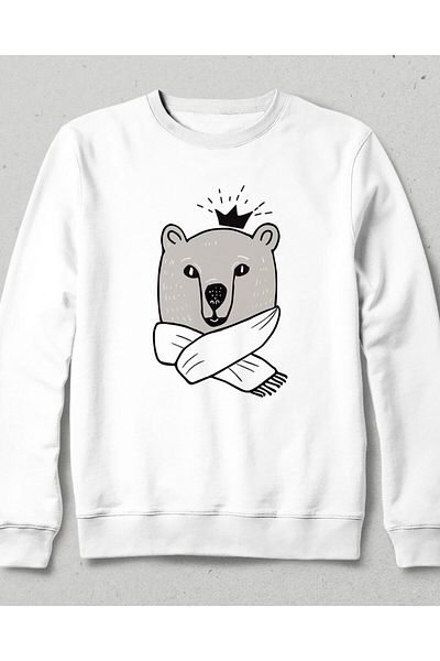 Pisa Art Unisex White Cool Bear Φούτερ χωρίς τσέπη χωρίς κουκούλα