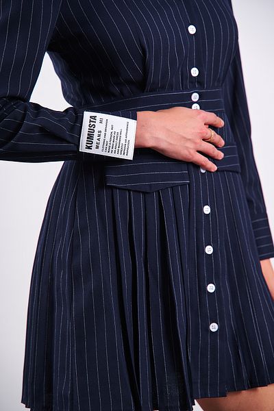 Ortaya Çık Navy Blue Pleated Design Shirt Dress