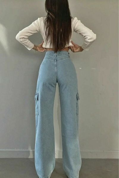 Trn JNS Sophia Women's Baby Blue Extra High Waist Palazzo Jean with Cargo Pocket and No Back Pocket
