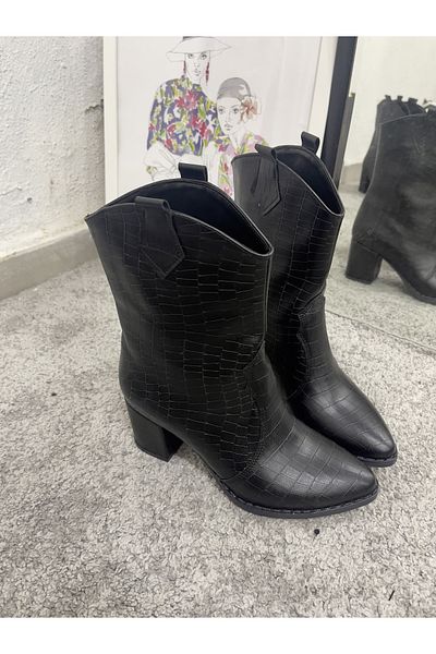 MYVOLANTE Cizme negre de damă cu toc cowboy cu model de crocodil