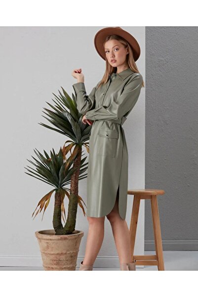 1Moda1Tarz Rochie de damă, verde, guler cămașă, cu nasturi în față, cu buzuna...