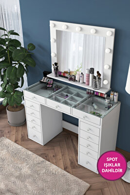 Rani Bj118 Hollywood Işıklı Aynalı Kulis Makyaj Masası Cam Tablalı Takı Düzenleyici Beyaz ürün fotoğrafı