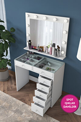 Rani Bj117 Hollywood Işıklı Aynalı Kulis Makyaj Masası Cam Tablalı Takı Düzenleyici Beyaz ürün fotoğrafı