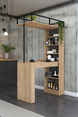 Rani JA117 Bar Masası Raflı Mutfak Yemek Masası Sepet Ceviz ürün fotoğrafı