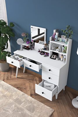 Bj101 Makyaj Masası 5 Çekmeceli Raflı Aynalı Takı Düzenleyici Beyaz ürün fotoğrafı