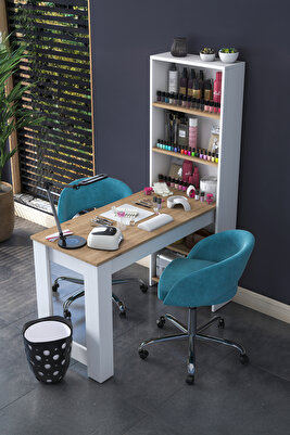 Rani Bj113 Raflı Manikür Masası Makyaj Masası Sepet Ceviz - Beyaz ürün fotoğrafı