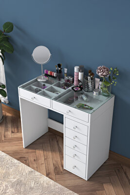 Rani Bj107 Makyaj Masası 7 Çekmeceli Cam Tablalı Takı Düzenleyici Beyaz ürün fotoğrafı