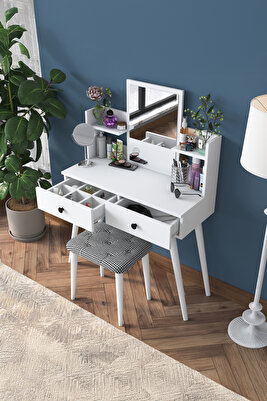 Rani Bj102 Makyaj Masası 2 Çekmeceli Raflı Aynalı Takı Düzenleyici + Tabure Takım Beyaz ürün fotoğrafı