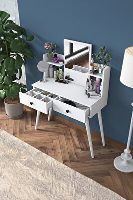 Rani Bj102 Makyaj Masası 2 Çekmeceli Raflı Aynalı Takı Düzenleyici Beyaz ürün fotoğrafı