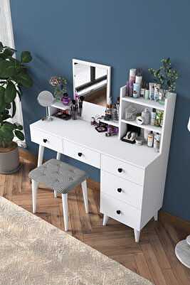 Bj101 Makyaj Masası 5 Çekmeceli Raflı Aynalı Takı Düzenleyici Puf Takım Beyaz ürün fotoğrafı