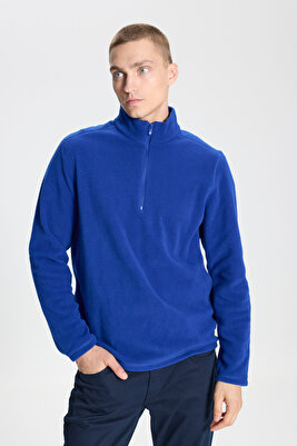 Erkek Saks Mavi Anti-pilling Tüylenme Yapmayan Isı Koruyan Standart Fit Dik Yaka Polar Sweatshirt ürün fotoğrafı