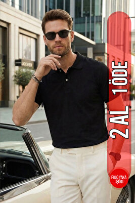 Erkek Slim Fit Dar Kesim Pamuklu Yumuşak Doku Nefes Alan Kumaş Kıvrılmaz Yaka Siyah Polo Yaka Tişört ürün fotoğrafı