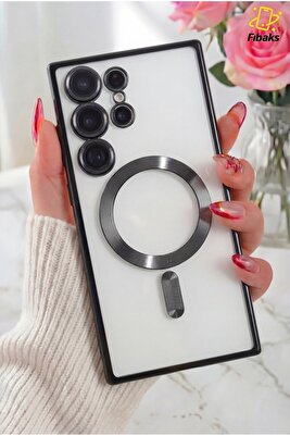 Galaxy S24 Ultra Kılıf Kamera Lens Korumalı Magsafe Şarj Kilifi Şeffaf Renkli Yumuşak Kapak Siyah ürün fotoğrafı