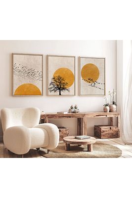 Ahşap Çerçeveli Güneş Kuş Desenli 3’lü Tablo Huhu147 ürün fotoğrafı