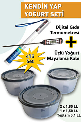4'lü Yoğurt Ve Kefir Mayalama Seti Kendin Yapma Makinesi Gıda Termometresi Ve Kabı Tenceresi Mayası ürün fotoğrafı