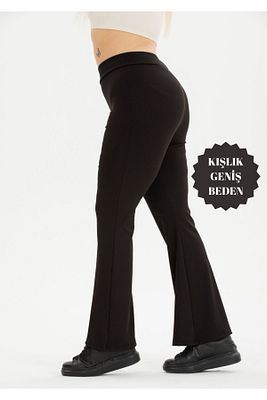 Curve Büyük Beden Fitilli İspanyol Paça Şardonlu Polarlı Yüksek Bel Toparlayıcı Siyah Tayt ürün fotoğrafı