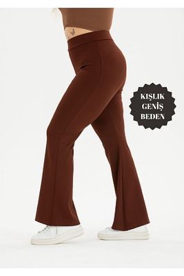 Curve Büyük Beden Fitilli İspanyol Paça Şardonlu Polarlı Yüksek Bel Toparlayıcı Kahverengi Tayt ürün fotoğrafı